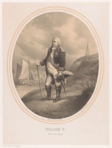 Portret van Willem V op het strand in Scheveningen