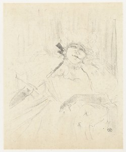 Portret van Yvette Guilbert in fauteuil op toneel