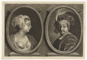 Portretten van een vrouw met een ontblote borst en een man met tulband