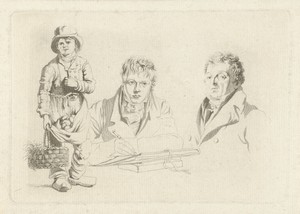 Portretten van J.P. Visser Bender en P.Pz. Barbiers naast een jongen