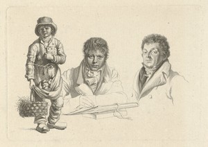 Portretten van J.P. Visser Bender en P.Pz. Barbiers naast een jongen
