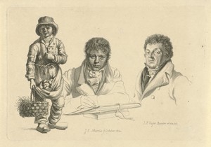 Portretten van J.P. Visser Bender en P.Pz. Barbiers naast een jongen