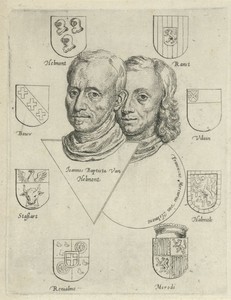 Portretten van Joannes Baptista van Helmont en Franciscus Mercurius van Helmont met acht wapens
