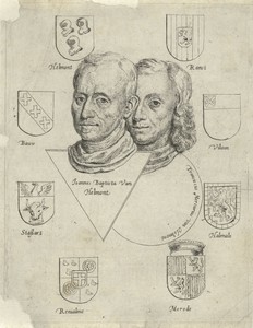 Portretten van Joannes Baptista van Helmont en Franciscus Mercurius van Helmont met acht wapenschilden