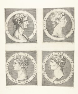 Portretten van keizers Julius Caesar en Augustus en Tiberius en Claudius