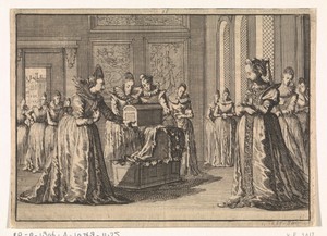 Praagse vrouwen bieden koningin Elisabeth een wieg en kleren aan voor haar te verwachten kind, 1619