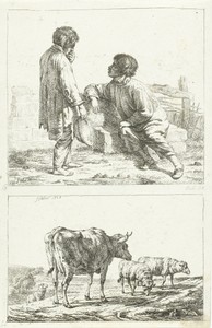 Pratende mannen en koeien en schapen