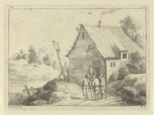 Pratende mannen voor een huis