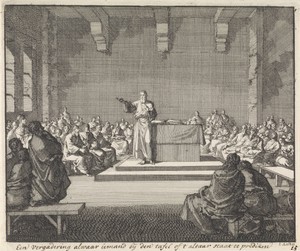 Preek door een priester bij een altaar