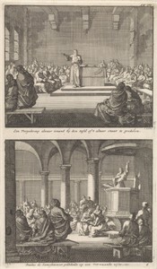 Preek door een priester bij een altaar en Paulus van Samosata predikend voor de vroeg-christelijke gemeenschap