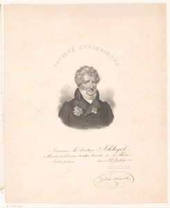 Prent ter ere van het lidmaatschap van dokter Schlegel in de Société Cuvierienne met portret van Georges Cuvier