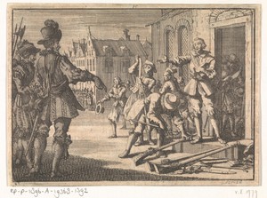 Prins Maurits op de Neude te Utrecht beveelt de Waardgelders hun wapens neer te leggen, 1618