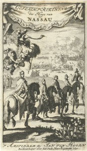 Prinsen van Oranje Willem I, Maurits, Frederik Hendrik, Willem II en Willem III te paard