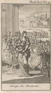 Processie van wetenschappers voor de vrouwelijke personificatie van de Dood