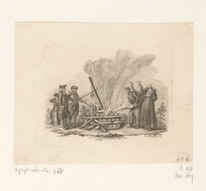 Protestanten en katholieken aan weerszijden van een brandstapel