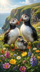 Puffin Family by Flowers