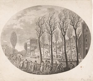 Puinhopen aan het Rapenburg na de ramp van Leiden