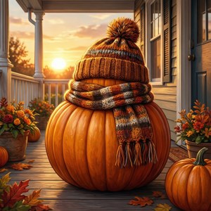 Pumpkin in Knitted Hat Scarf