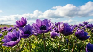 Purple Anemone Field Under Blue Sky