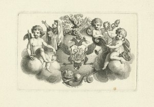Putti rond een gekroond wapenschild