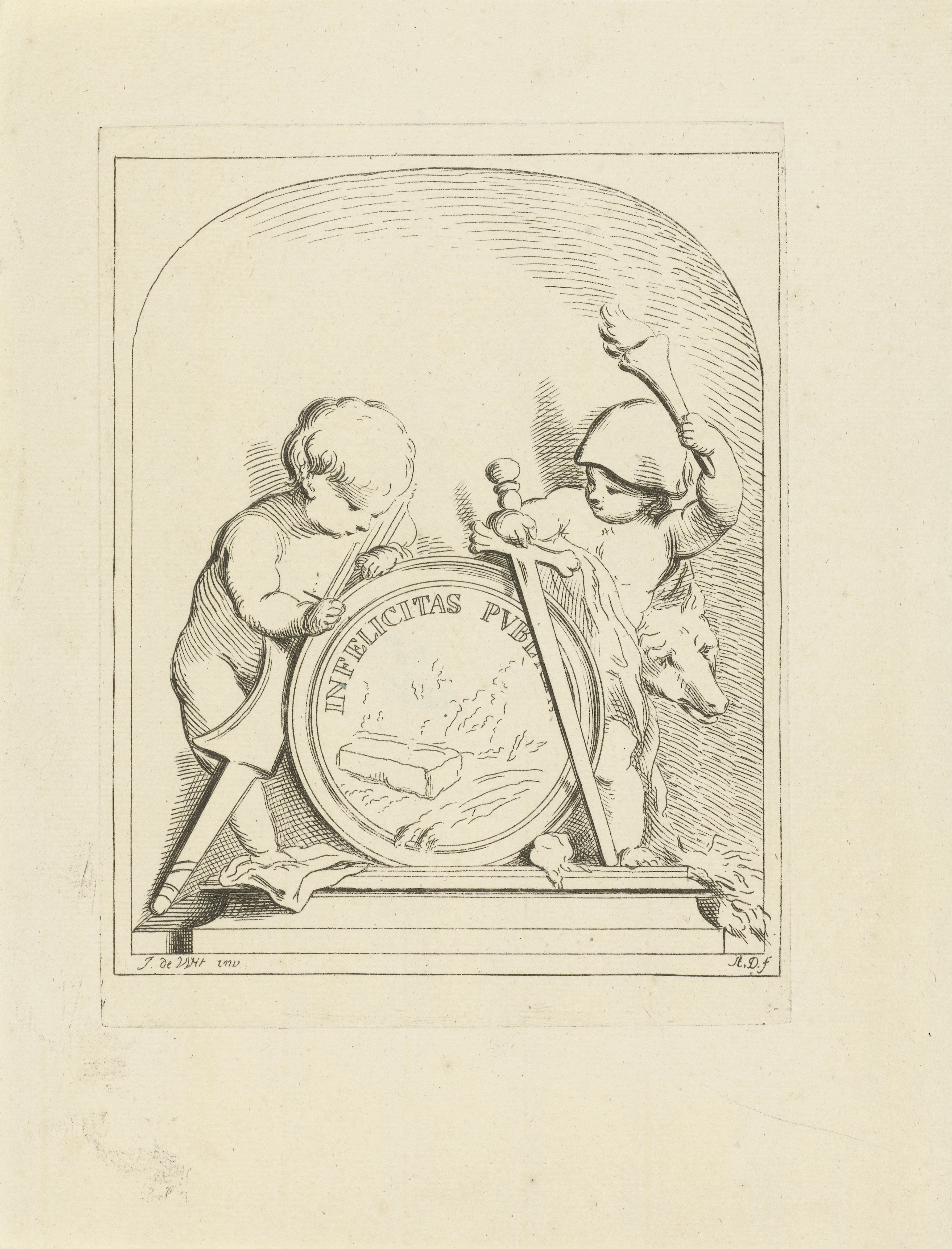 Putti staand bij medaillon met graftombe, in nis by Abraham Delfos