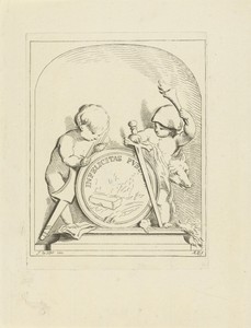 Putti staand bij medaillon met graftombe, in nis