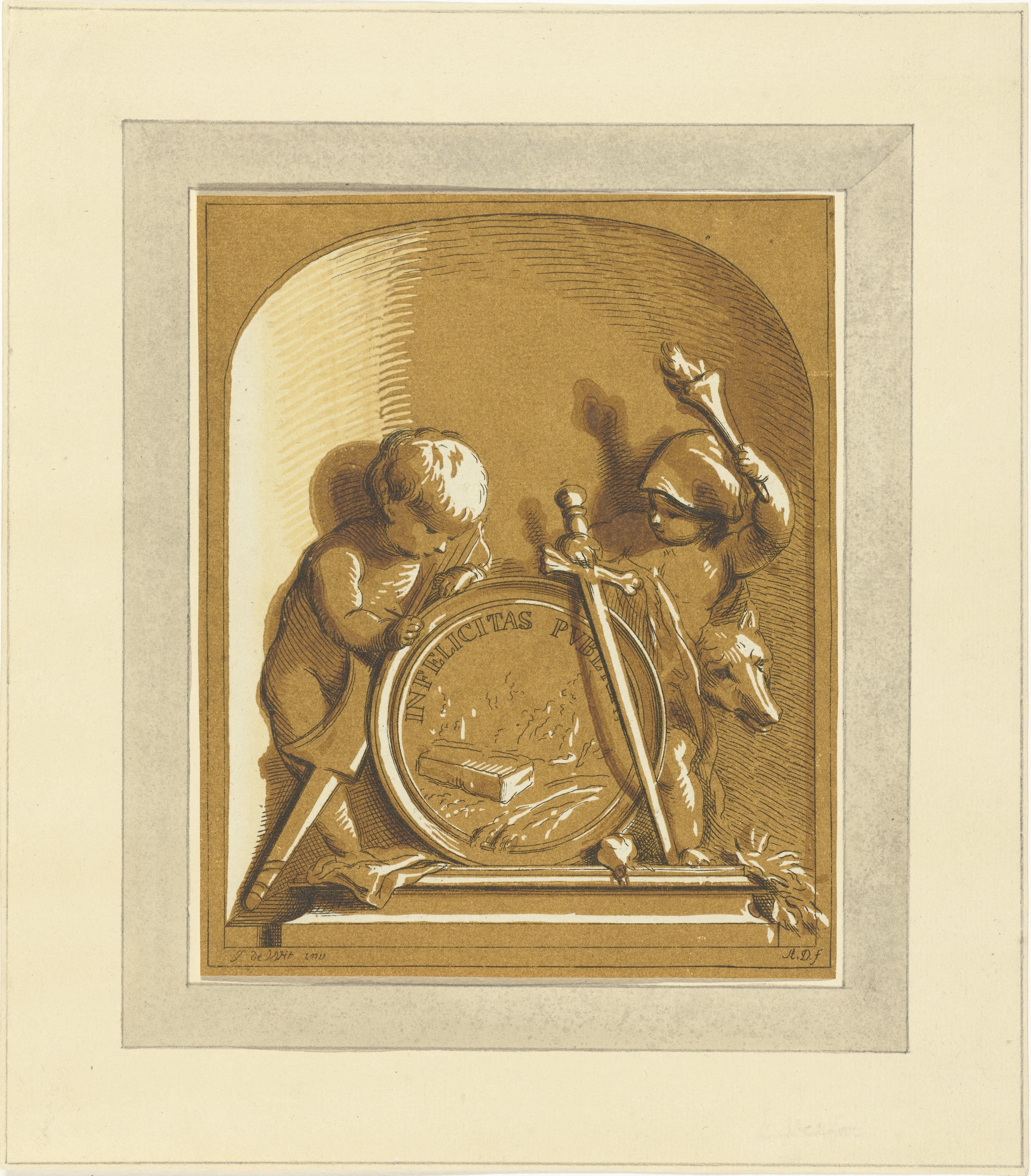 Putti staand bij medaillon met graftombe, in nis by Abraham Delfos