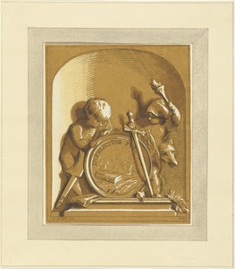 Putti staand bij medaillon met graftombe, in nis