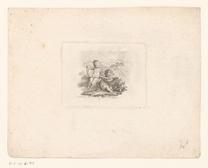 Putto verlicht met stralen opgevangen in spiegel het schrijfblad van een andere putto