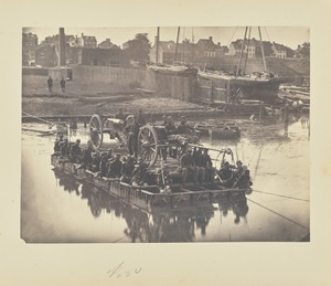 [Raft of blanket boats ferrying field artillery and men over Potomac River]