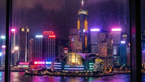 Rain-Streaked Neon Skyline