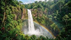 Rainbow Over Tropical Waterfall