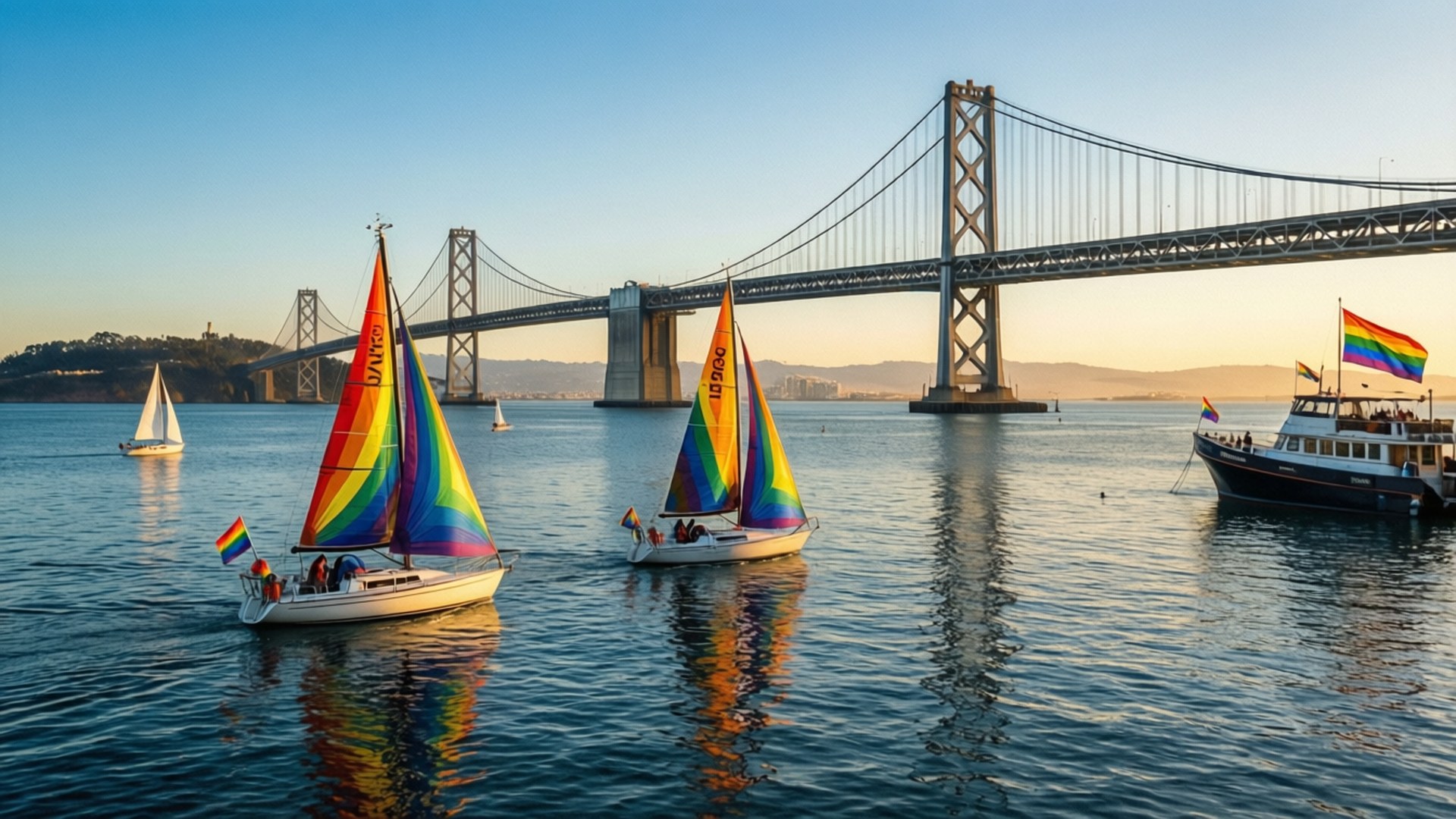 Rainbow Sailboats on Bay by Wallpapers.art Studio