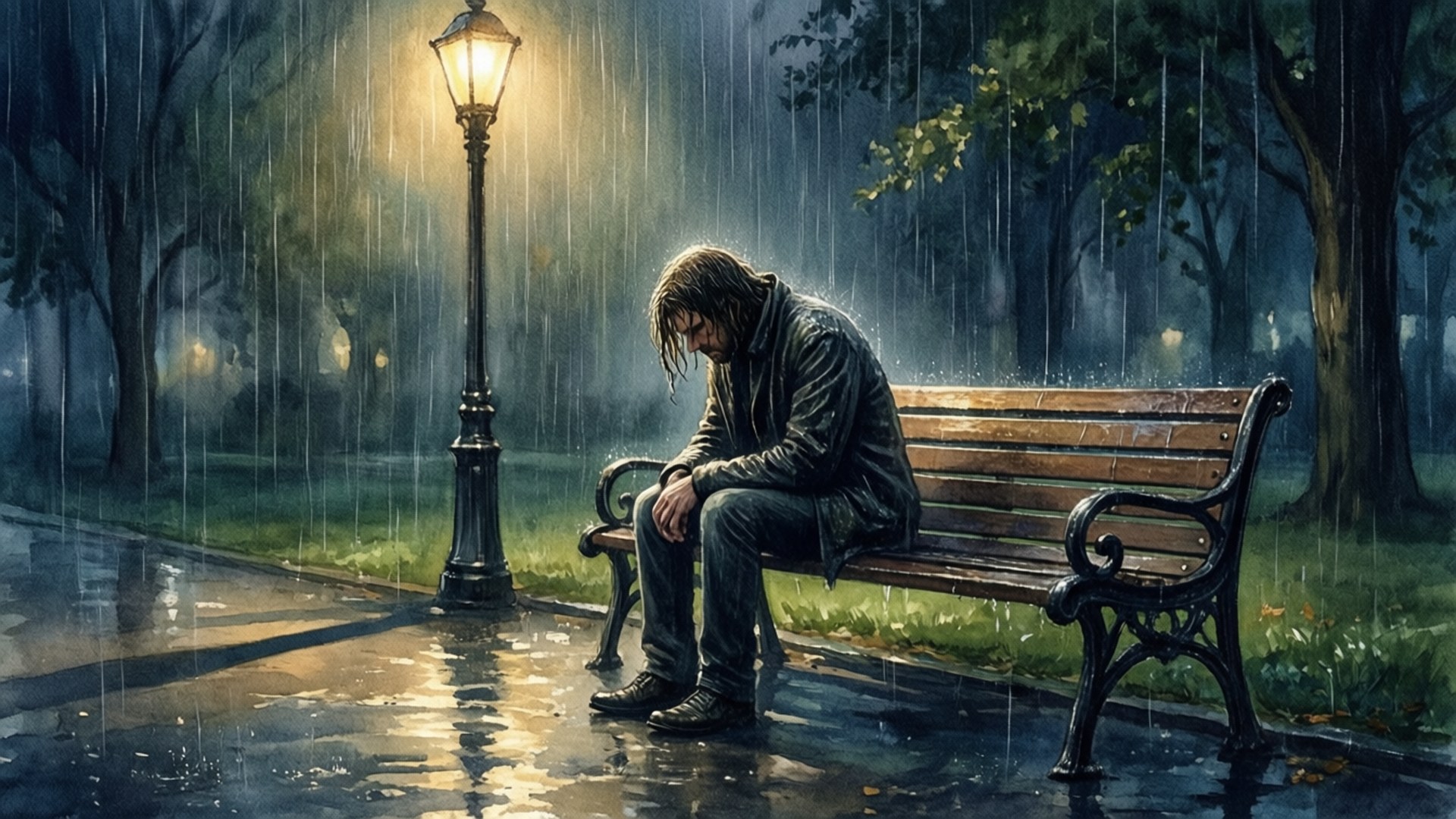 Rainy Bench Solitude by Wallpapers.art Studio