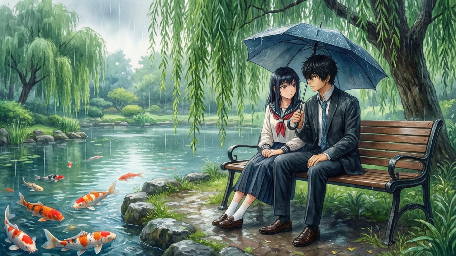 Rainy Bench Together by Wallpapers.art Studio