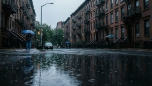 Rainy Brownstone Reflections