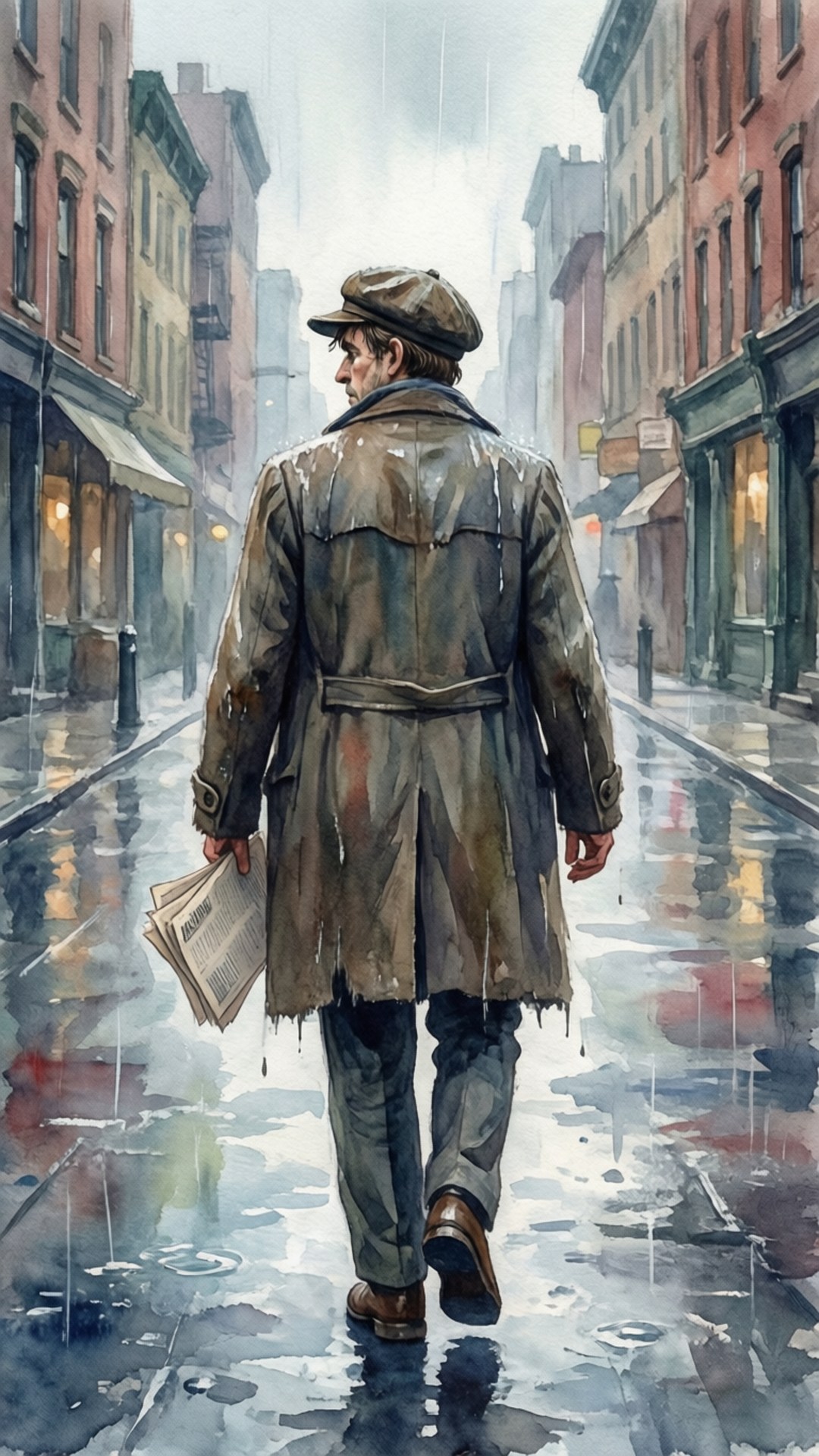 Rainy Newsboy Walk by Wallpapers.art Studio