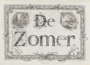 Rechthoekige omlijsting met bladornamenten en bloemen voor de Zomer en medaillons met gezichten op de Plantage en de Overtoom te Amsterdam