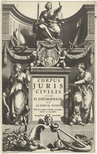 Rechtvaardigheid troont boven portret van Justinianus op sokkel met titel geflankeerd door Matigheid en Voorzichtigheid
