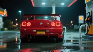 Red R33 Gas Station Night