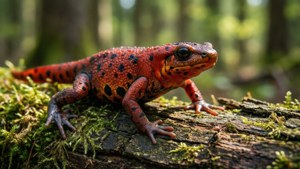 Red-Spotted Newt on Mossy Log