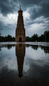 Reflection of Burana Tower in Rain Puddle