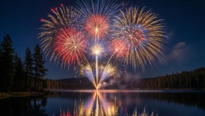 Reflective Fireworks Over Lake