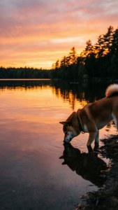 Reflective Shiba at Sunset