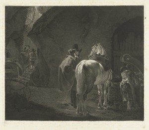 Reiziger met paard voor een herberg