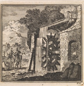 Reizigers bij een watermolen
