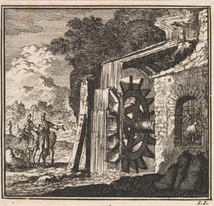 Reizigers bij een watermolen