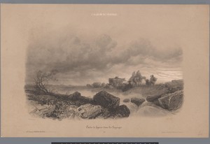 Reizigers en koeien aan een beek in een landschap