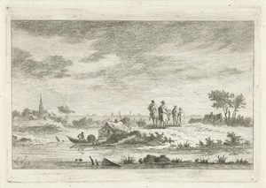 Reizigers in een rivierlandschap