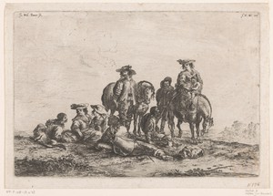 Reizigers rusten uit in een open veld